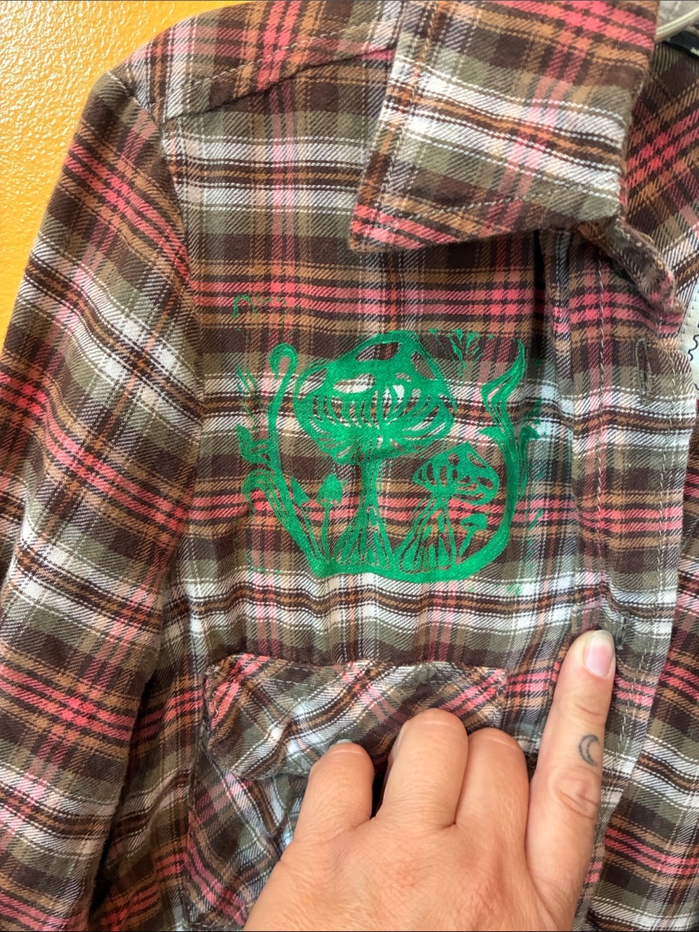 Plaid Button-Up Shirt with Green Mushroom Print